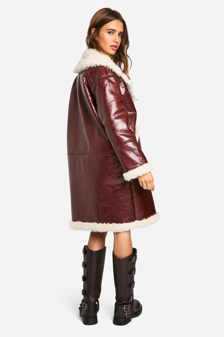 Faux Leather Teddy Trim Longline Aviator Jacket