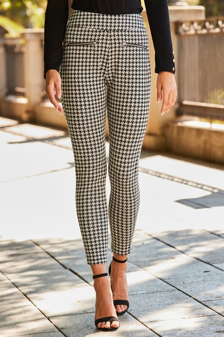 Black & White Dogtooth Print Leggings With Zip Detail Pockets