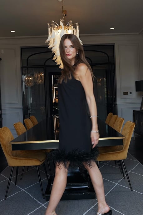 Black Feather Trim Shift Dress