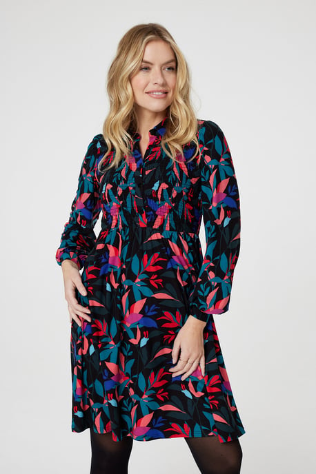 Black Leaf Print Smocked Shirt Dress