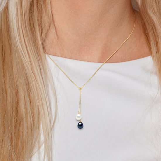 DIADEMA - Necklace You & Me - 2 Real Freshwater Pearls - Black and White - Yellow Gold
