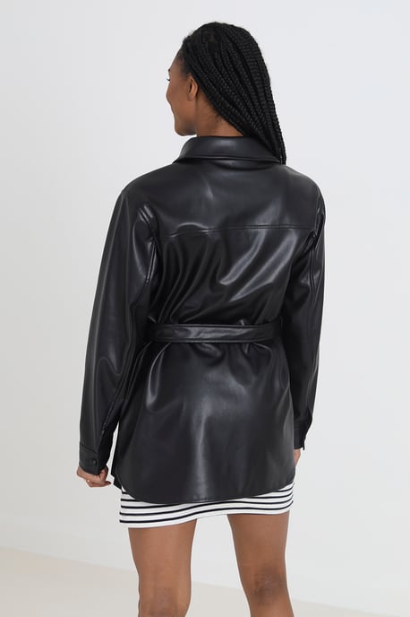Black 'Dana' Faux Leather Self Tie Shacket