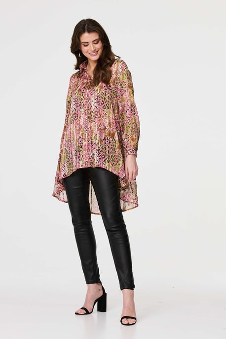 Pink Animal Print High Low Semi Sheer Shirt