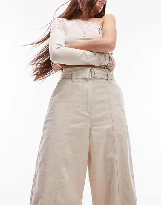 Topshop high waist belted wide leg trouser with turn back hem in ecru-White