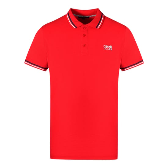 Cavalli Class Dubbel Gestreepte Kraag Witte Logo Rode Poloshirt - Image 1