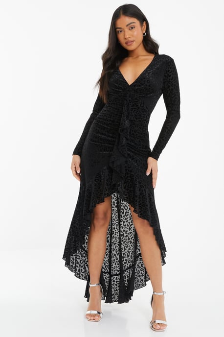 Petite Black Animal Print Velvet Ruffle Maxi Dress