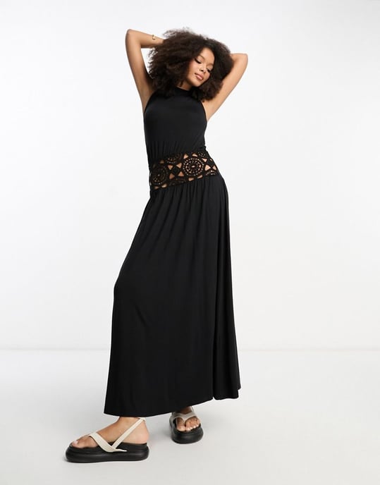 ASOS DESIGN halter neck midi dress with crochet bodice in black-Brown