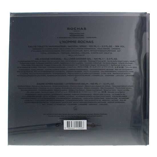 Rochas L'Homme Rochas 3 Piece Giftset: Eau De Toilette 100ml - Shower Gel 100ml -Aftershave Balm 100ml