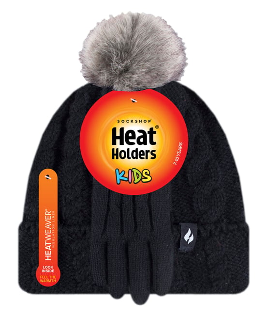 Heat Holders Meisjes Cable Bobble Muts En Handschoenen Set - Zwart - Image 2