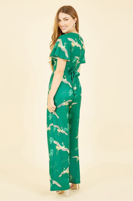 Yumi Green Crane Print Angel Sleeve Jumpsuit