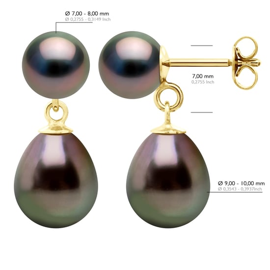 Double Earrings - Yellow Gold - Real Cultured Tahiti Pearls Round 7-8 and Pear 9-10 mm
