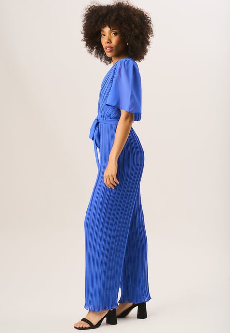 Angel Sleeves Pleated Belted Wrap Jumpsuit