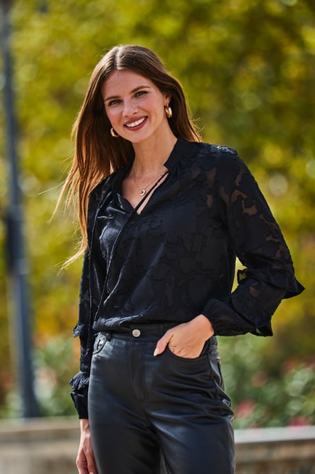 Black Floral Jacquard Ruffle Sleeve Blouse