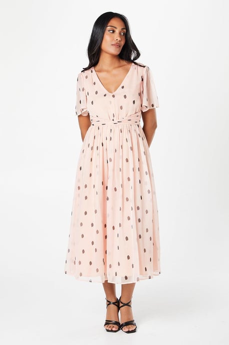 Petite Spot Pleated Waist Midi Dress