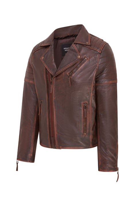 Mens Brown Brando Double Cross Zip Leather Biker Jacket- Fagernes