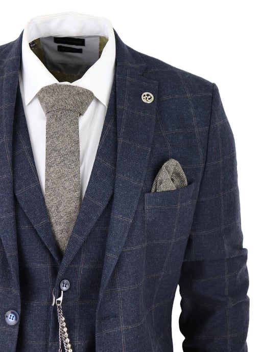 Heren 3-delige Wollen Pak Marineblauw Tweed Ruit Peaky Blinders 1920 Gatsby Formeel - Image 4