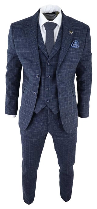 Heren Blauwe Ruit 3-delige Tweed Pak Peaky Blinders 1920s Gatsby Tailored Fit - Image 2
