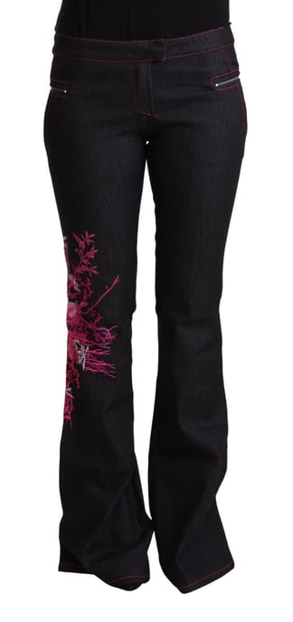 Exte Women's Black Cotton Stretch Mid Waist Cotton Flared Denim Jeans