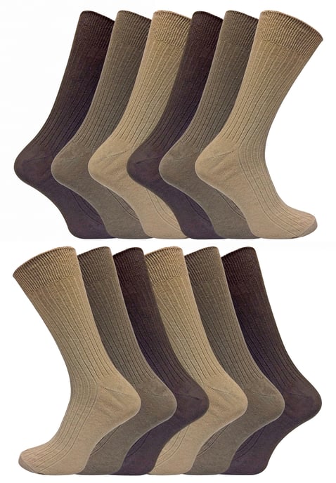 12 Pair Multipack Mens 100% Cotton Socks | Sock Snob | Ribbed Dress Socks - Brown