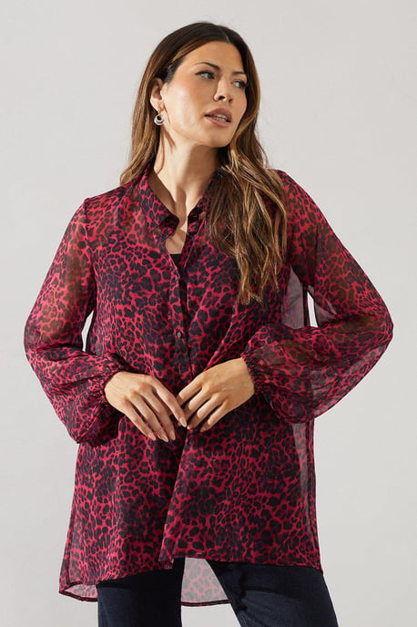 Berry Animal Print Collared High Low Shirt