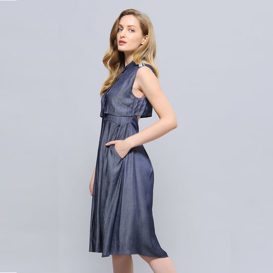 Open flap back fit-an- flare shirt dress