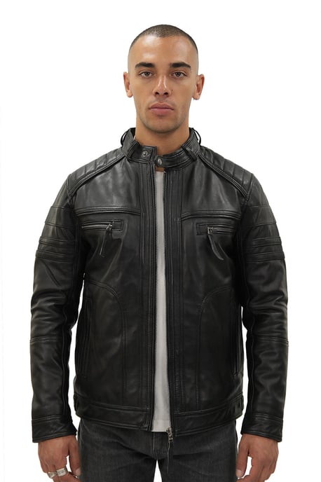 Men's Vintage Black Leather Biker Jacket-Naples
