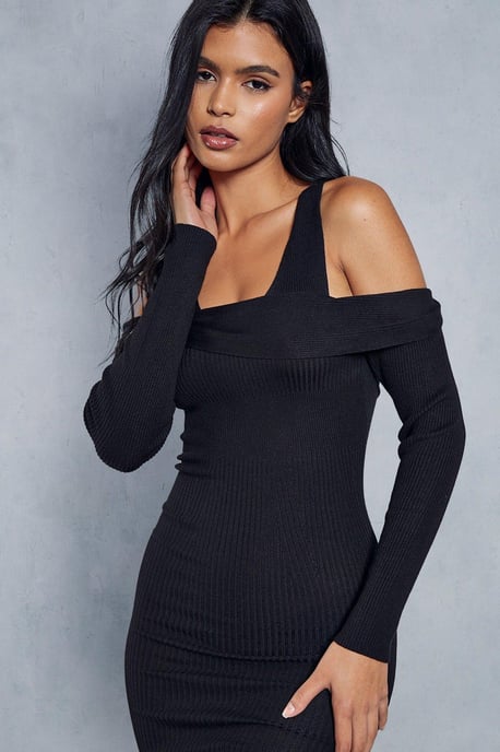 Knitted Ribbed Plunge Bardot Midaxi Dress