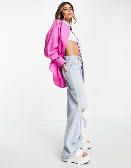 ASOS DESIGN oversized dad shirt in pink & purple colour block-Multi