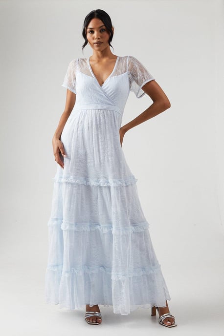 Delicate Lace Trim Insert Tiered Maxi Bridesmaids Dress - Image 1
