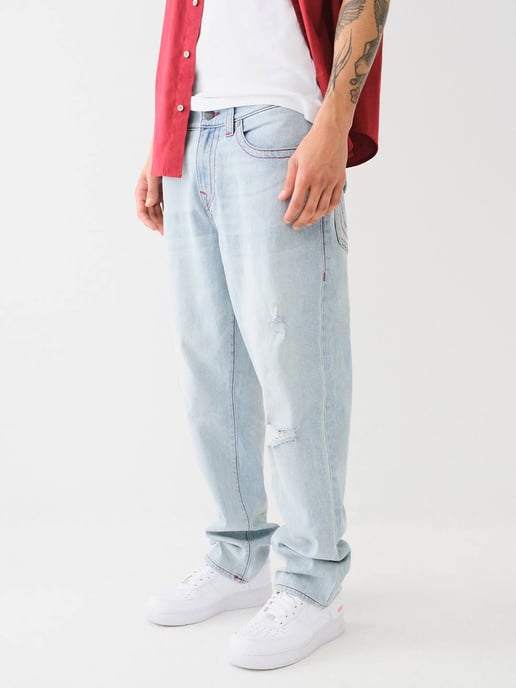 Bobby Baggy Single Needle Flap 32In in James St Light Wash With Rips