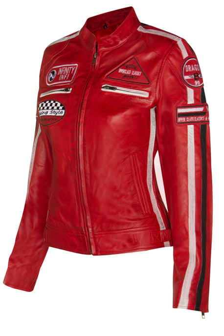 Womens Leather Biker Racing Badges Jacket-Agadir