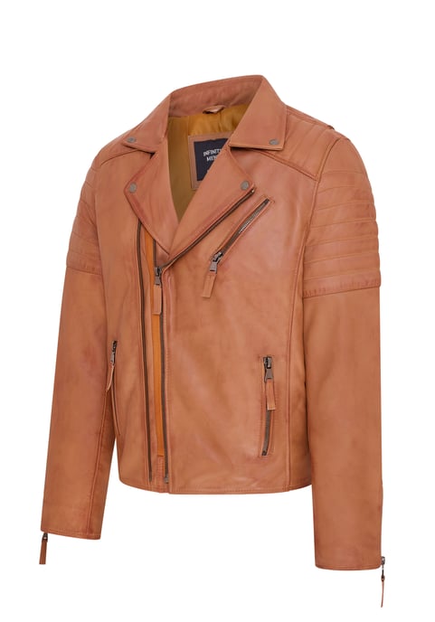 Mens Tan Brando Double Cross Zip Leather Biker Jacket- Fagernes