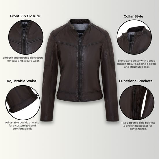 Womens Brown Retro Quilted Leather Biker Jacket - Horten
