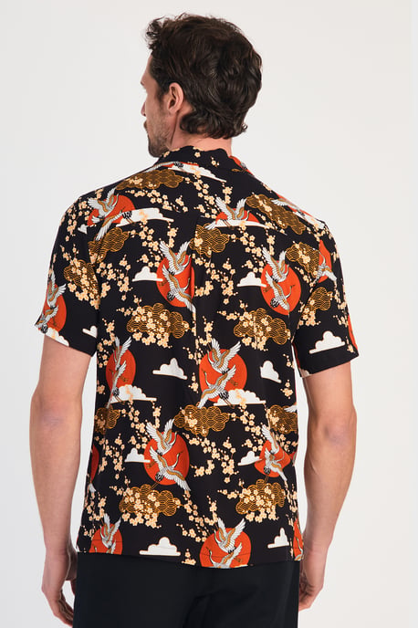 Black Resort Style Printed Short Sleeve Shirt