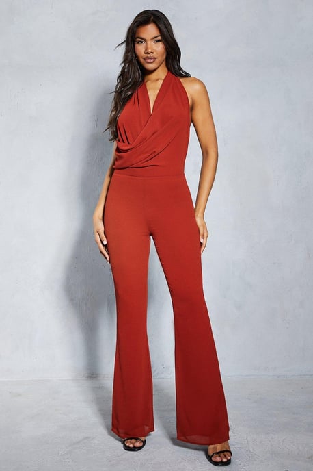 Chiffon Draped Neck Low Back Flare Leg Jumpsuit - Image 1