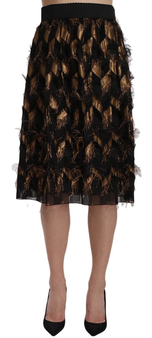 Dolce & Gabbana Vrouwen Zwart Goud Franje Metallic Koker A-lijn Rok - Image 3