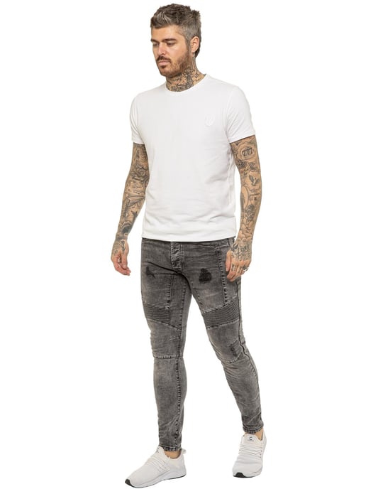 Enzo | Mens Skinny Stretch Biker Denim Jeans - Black Acid