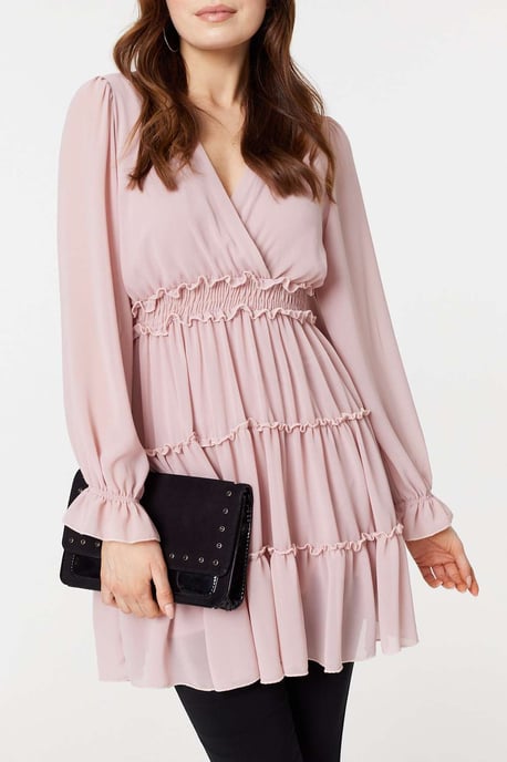Pink Lace Detail Long Sleeve Mini Dress