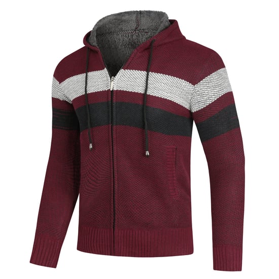 Heren Winter Transitie Cardigan met Capuchon Gevoerde Grof Gebreide Capuchon Warme Jas Bordeaux - Image 2