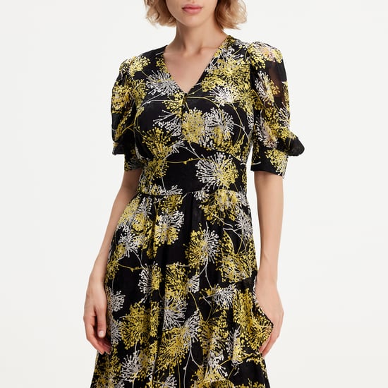 Linear Flower Print Plunging Hem Dress