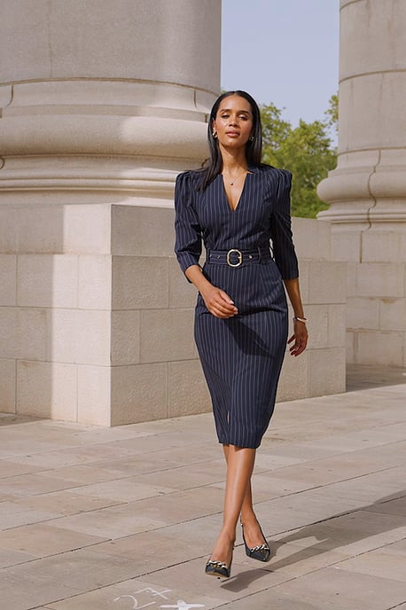 Navy Blue Pinstripe Belted Pencil Dress