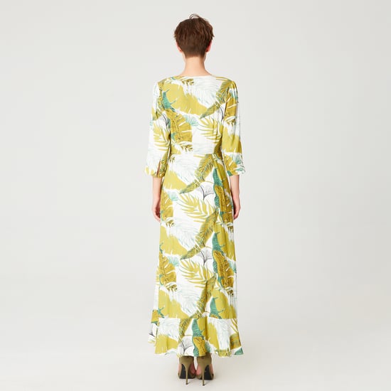 Tropical print frilled midi dress with cross bust