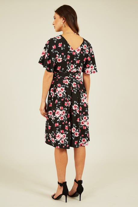 Black Floral Wrap Dress With Angel Sleeve