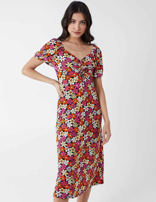 DULCIE - V Neck Ruched Midi Dress