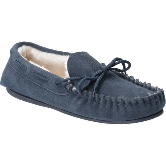 Hush puppies allie leer dames mocassin memory foam faux fur navy - Image 1
