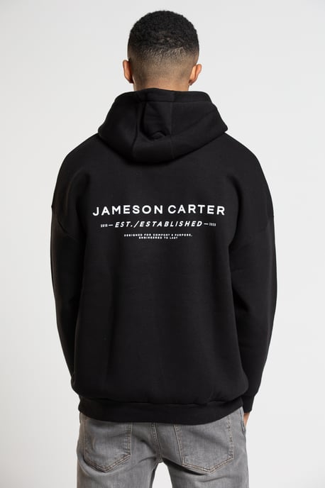 Black 'Est' Cotton Blend Oversized Hoodie with Kangaroo Pocket