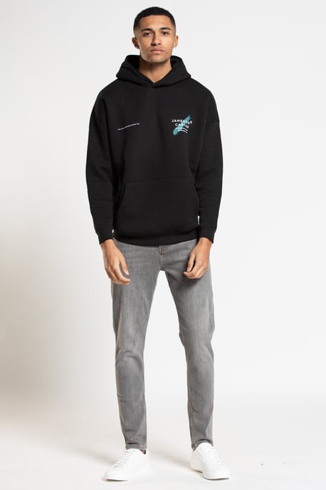 Black 'Est' Cotton Blend Oversized Hoodie with Kangaroo Pocket