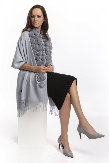 Cashmere Blend Faux Fur Pompom Wrap