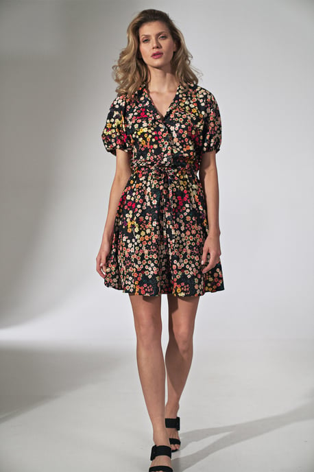 Flower Print Kimono Dress with Collar