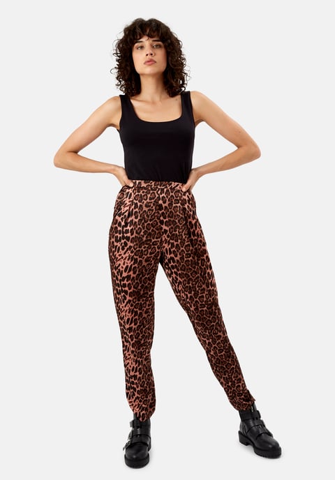 Animal Print Satin Tapered  Trousers in Pink